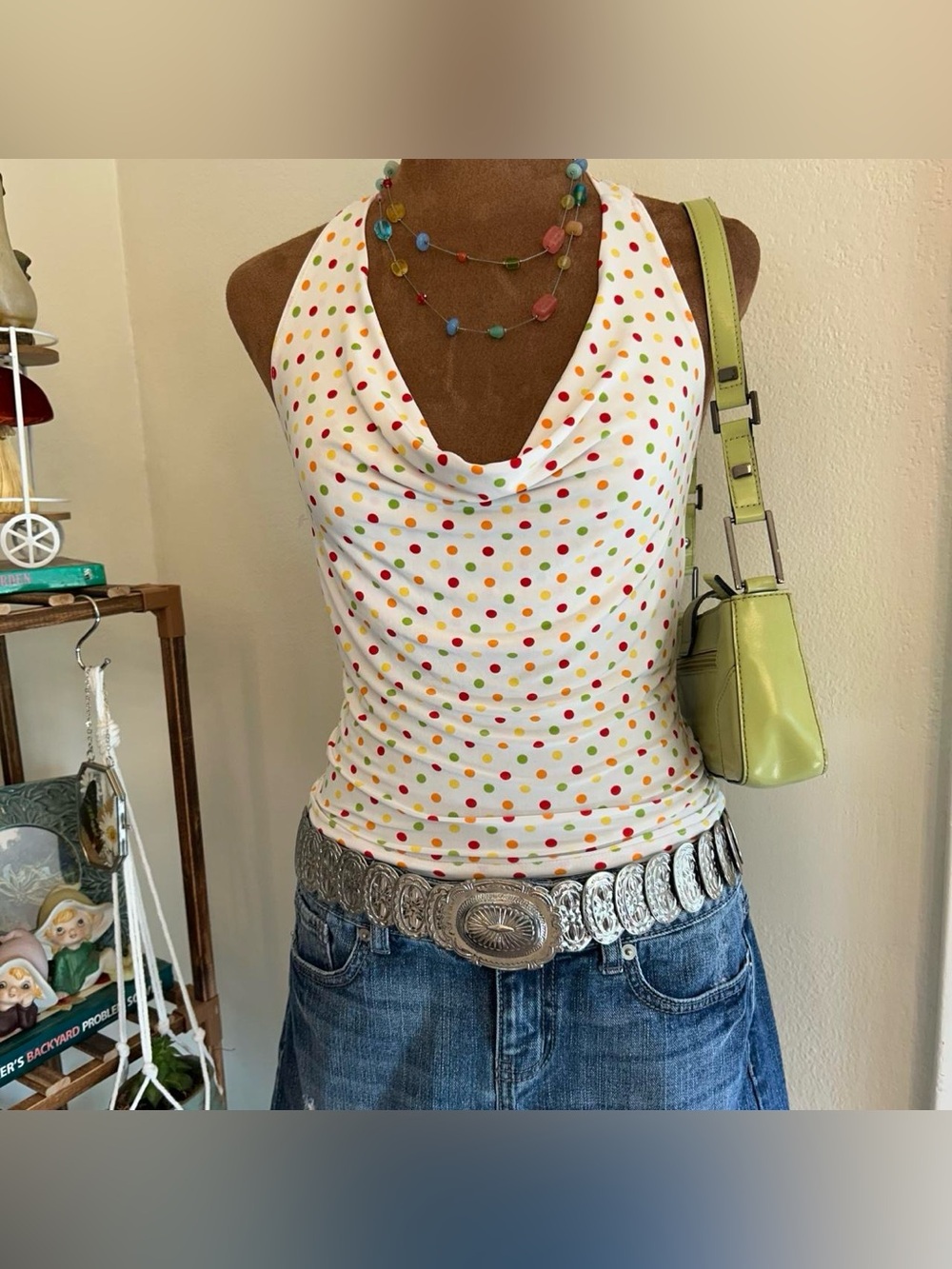 Vintage Y2K Preppy White Multicolor Polka Dot Cowl Neck Halter Top by Venecca